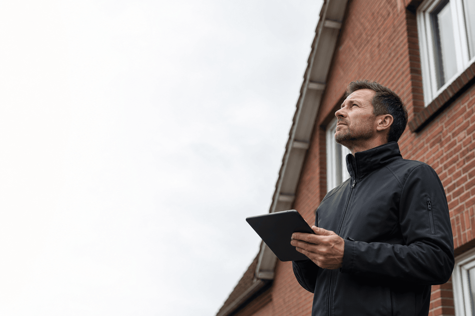 Ingenieur mit Tablet bei Vor-Ort-Begehung an norddeutschem Backsteingebäude